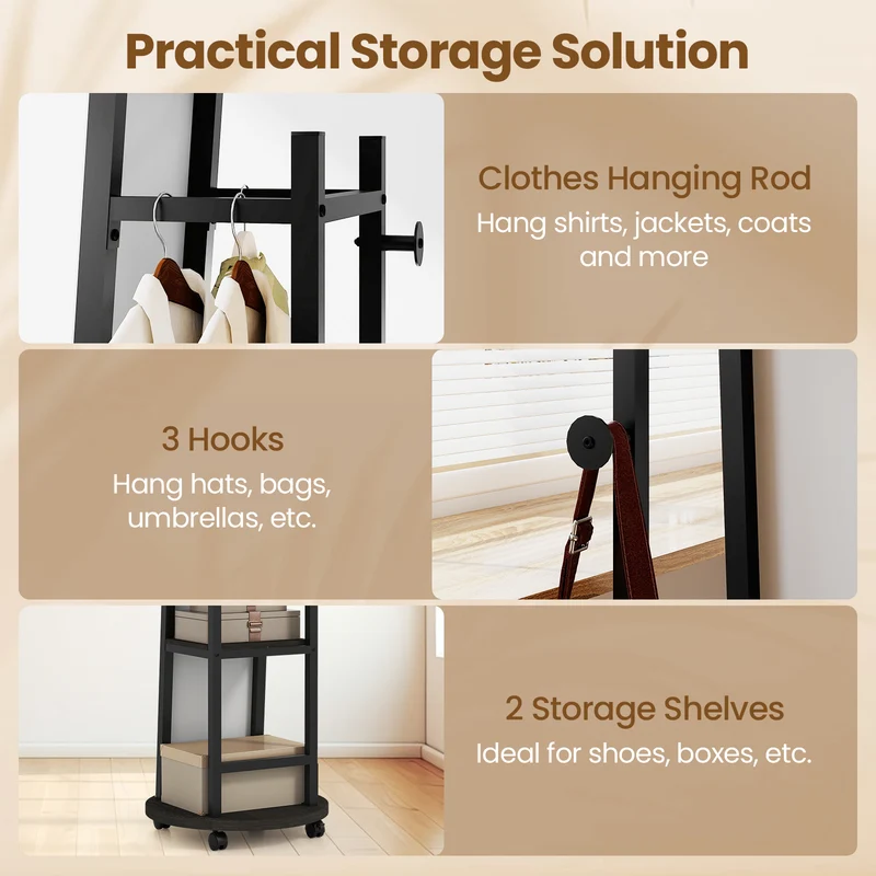 Coat Rack with Full Length Mirror Freestanding Coat Tree with 3 Hooks, Walnut