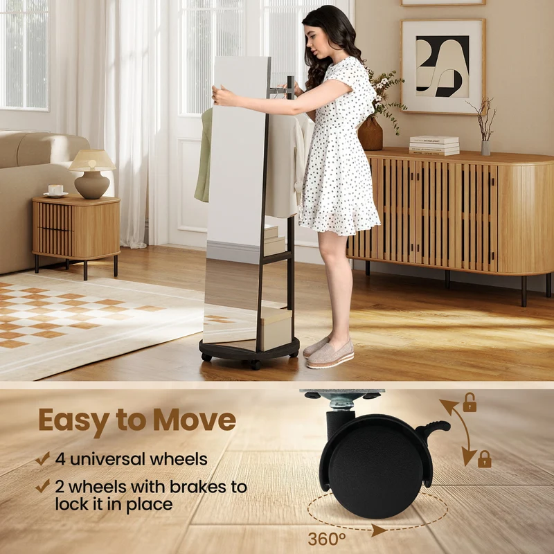 Coat Rack with Full Length Mirror Freestanding Coat Tree with 3 Hooks, Walnut