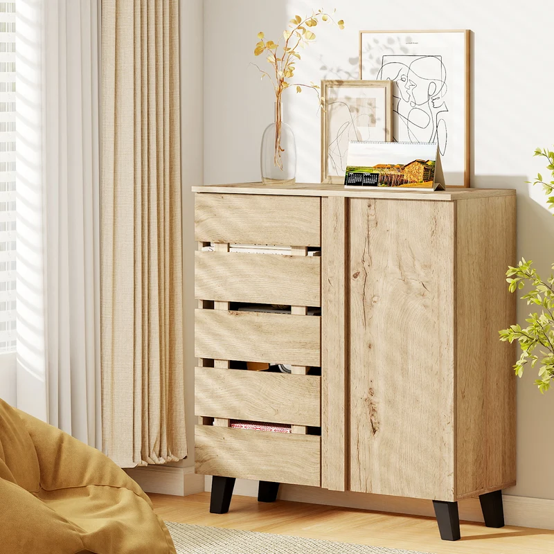4-Tier Shoe Cabinet 2-Door Storage Organizer with Louvered Door, Natural