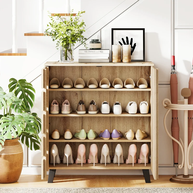 4-Tier Shoe Cabinet 2-Door Storage Organizer with Louvered Door, Natural