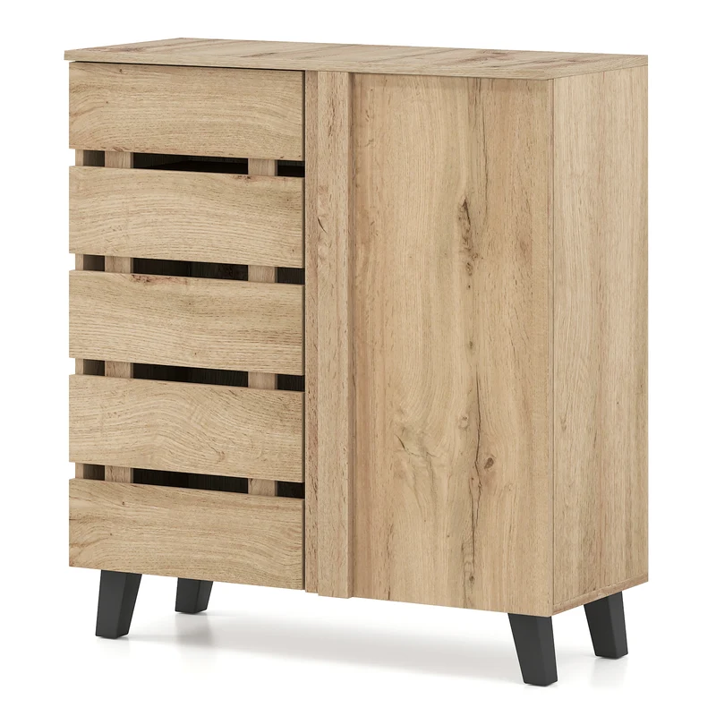 4-Tier Shoe Cabinet 2-Door Storage Organizer with Louvered Door, Natural