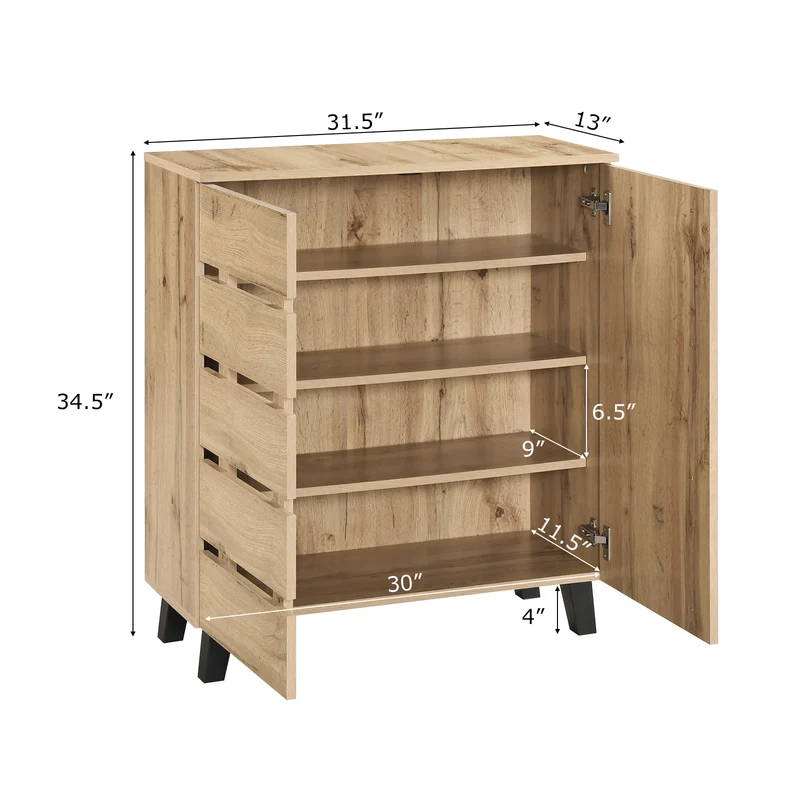 4-Tier Shoe Cabinet 2-Door Storage Organizer with Louvered Door, Natural