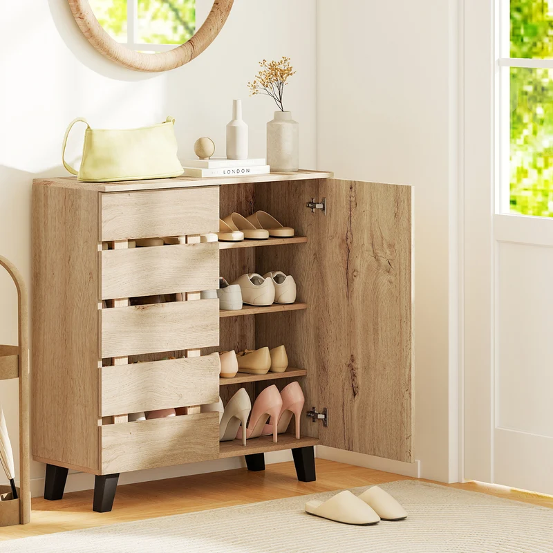 4-Tier Shoe Cabinet 2-Door Storage Organizer with Louvered Door, Natural
