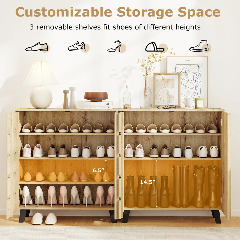 4-Tier Shoe Cabinet 2-Door Storage Organizer with Louvered Door, Natural