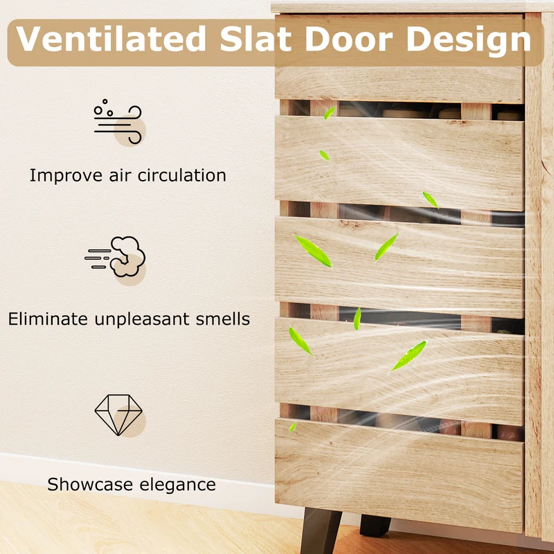 4-Tier Shoe Cabinet 2-Door Storage Organizer with Louvered Door, Natural