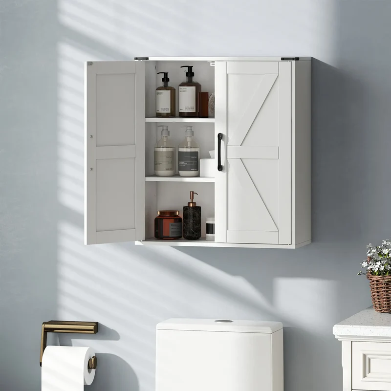 Wall Mounted Medicine Cabinet, Barn Doors, Adjustable Shelves, White