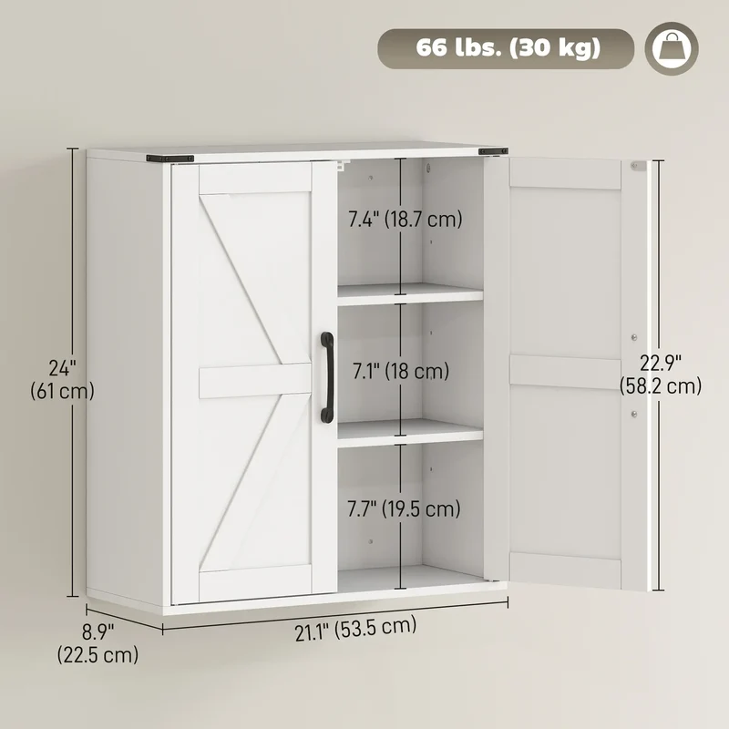 Wall Mounted Medicine Cabinet, Barn Doors, Adjustable Shelves, White