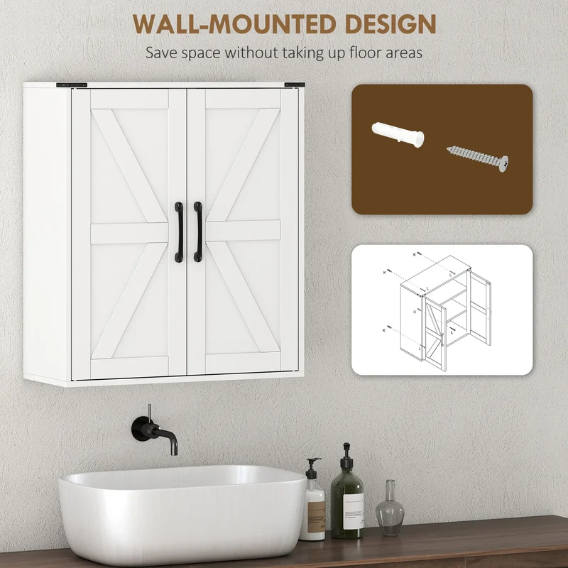 Wall Mounted Medicine Cabinet, Barn Doors, Adjustable Shelves, White