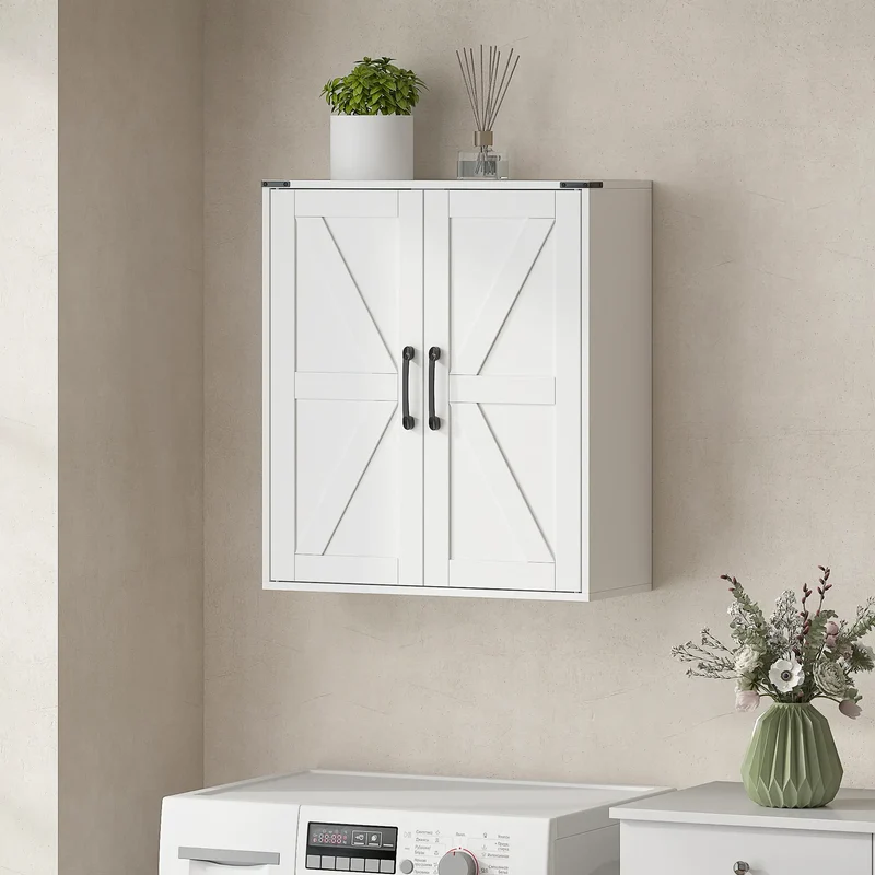 Wall Mounted Medicine Cabinet, Barn Doors, Adjustable Shelves, White