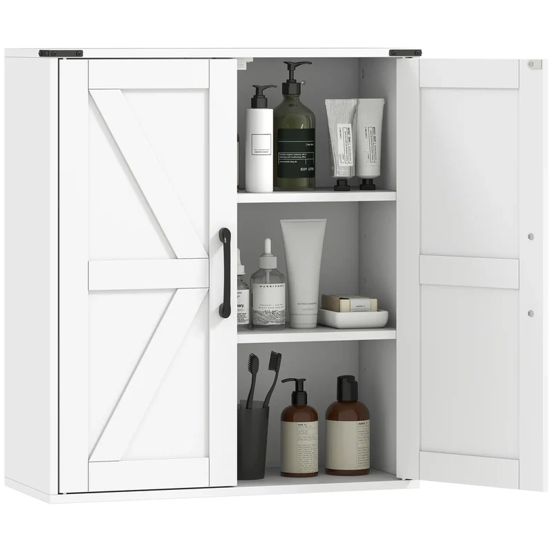 Wall Mounted Medicine Cabinet, Barn Doors, Adjustable Shelves, White