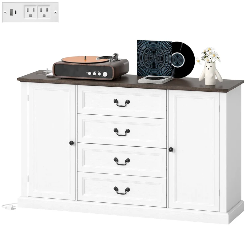 Farmhouse Sideboard with Charging Station, 58" Buffet Cabinet, White