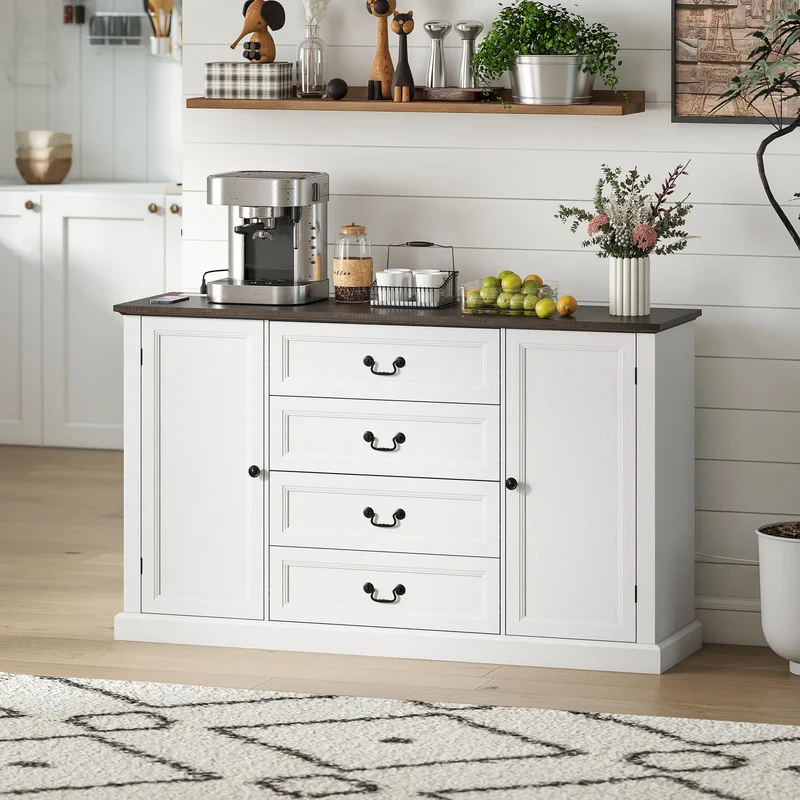 Farmhouse Sideboard with Charging Station, 58" Buffet Cabinet, White