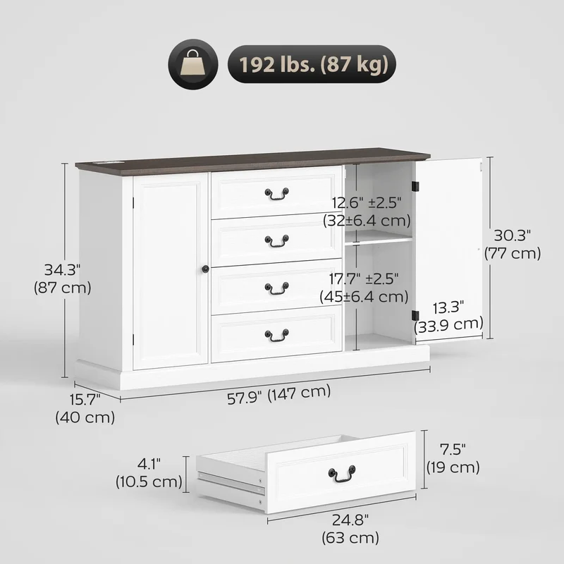 Farmhouse Sideboard with Charging Station, 58" Buffet Cabinet, White