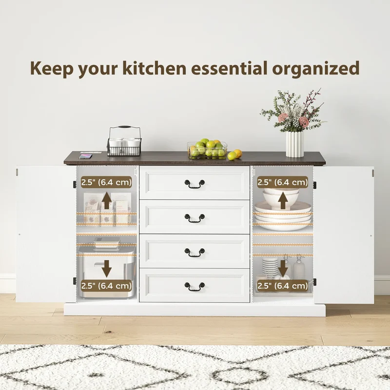 Farmhouse Sideboard with Charging Station, 58" Buffet Cabinet, White