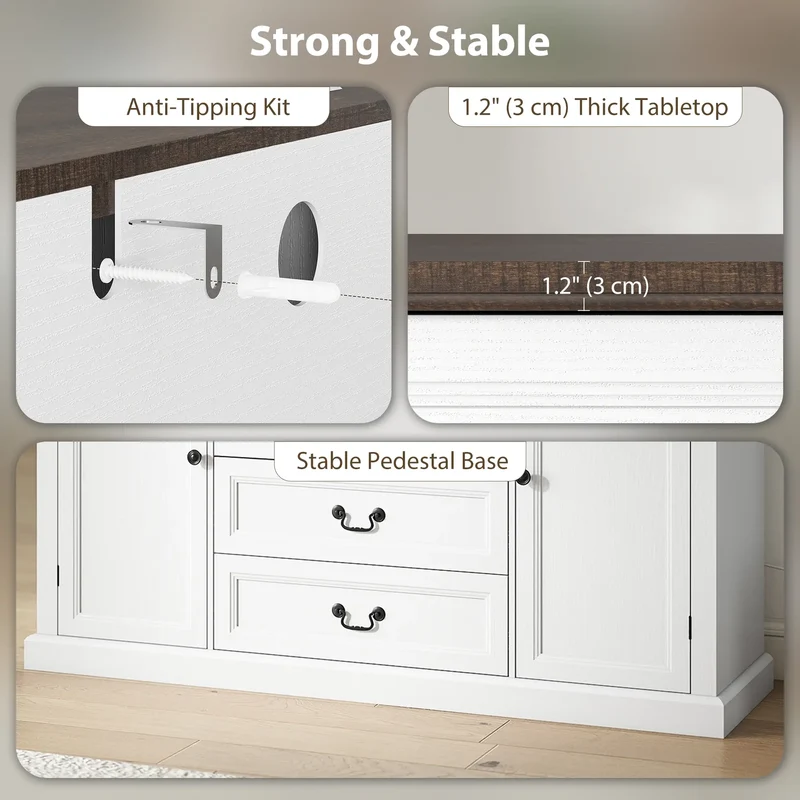 Farmhouse Sideboard with Charging Station, 58" Buffet Cabinet, White