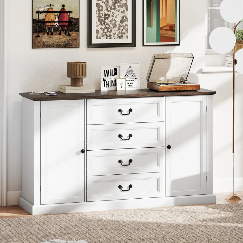 Farmhouse Sideboard with Charging Station, 58" Buffet Cabinet, White