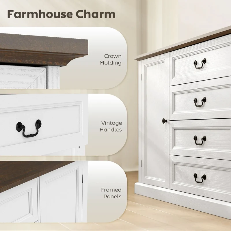 Farmhouse Sideboard with Charging Station, 58" Buffet Cabinet, White
