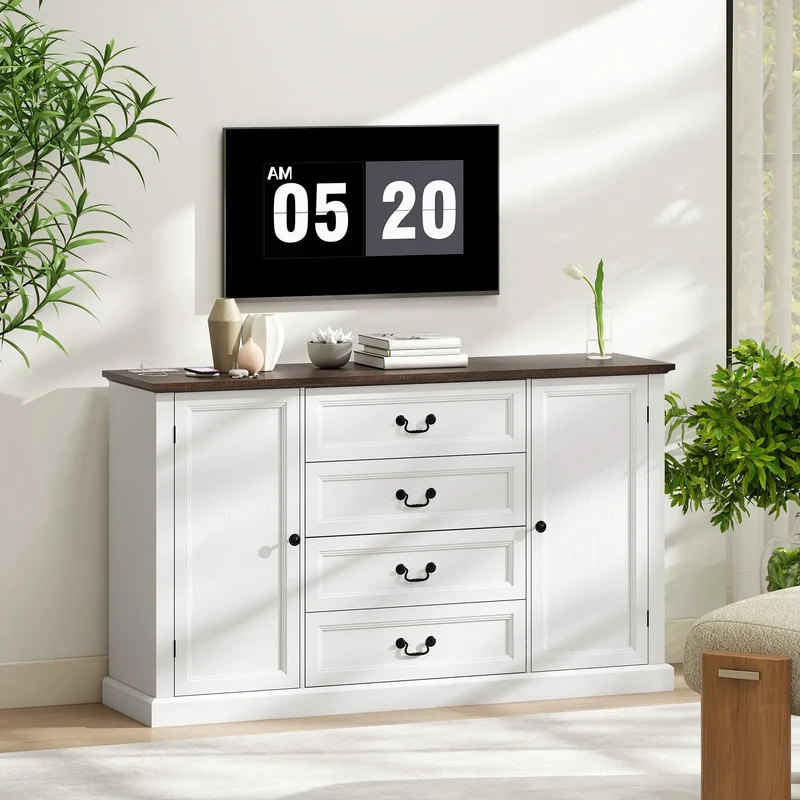 Farmhouse Sideboard with Charging Station, 58" Buffet Cabinet, White