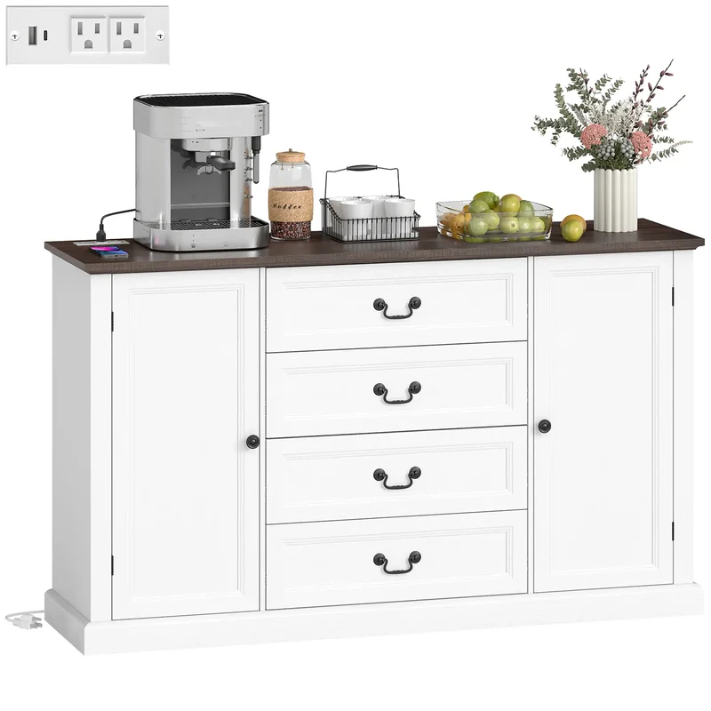 Farmhouse Sideboard with Charging Station, 58" Buffet Cabinet, White