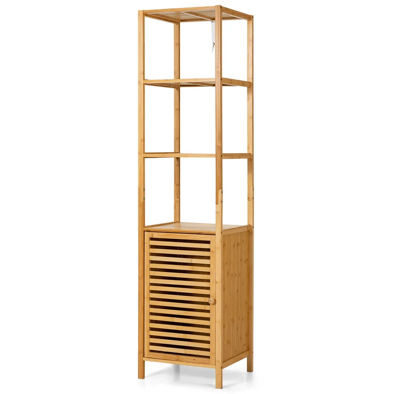 4-Tier Slim Bamboo Storage Cabinet, Shutter Door, Anti-Toppling Device, Natural