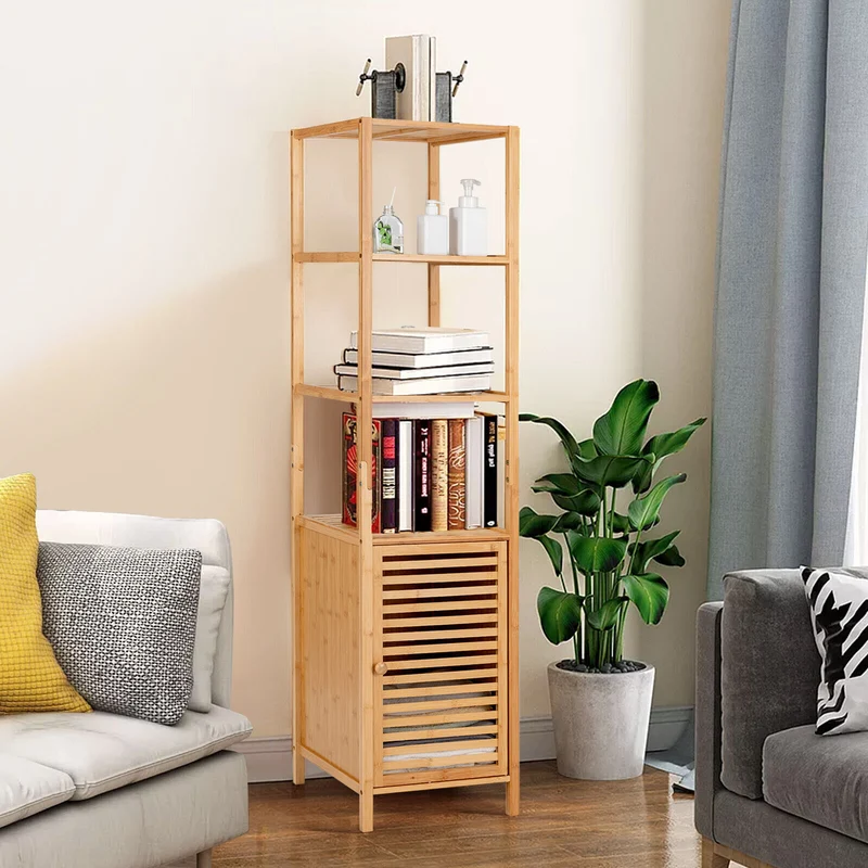4-Tier Slim Bamboo Storage Cabinet, Shutter Door, Anti-Toppling Device, Natural