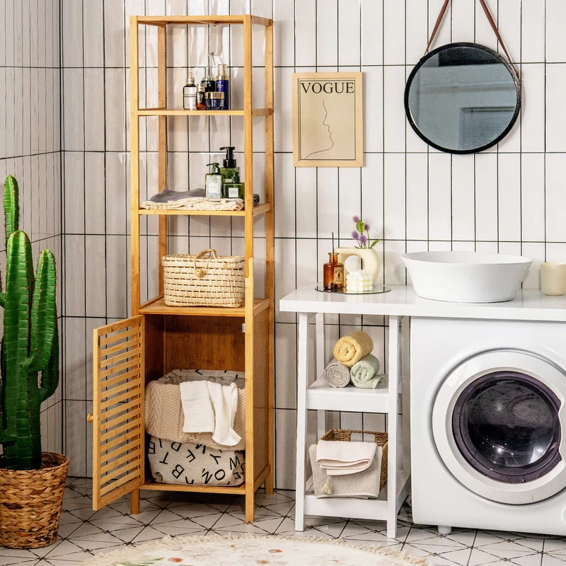 4-Tier Slim Bamboo Storage Cabinet, Shutter Door, Anti-Toppling Device, Natural