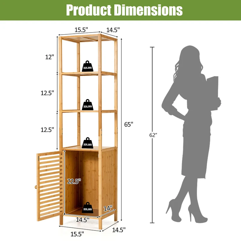 4-Tier Slim Bamboo Storage Cabinet, Shutter Door, Anti-Toppling Device, Natural