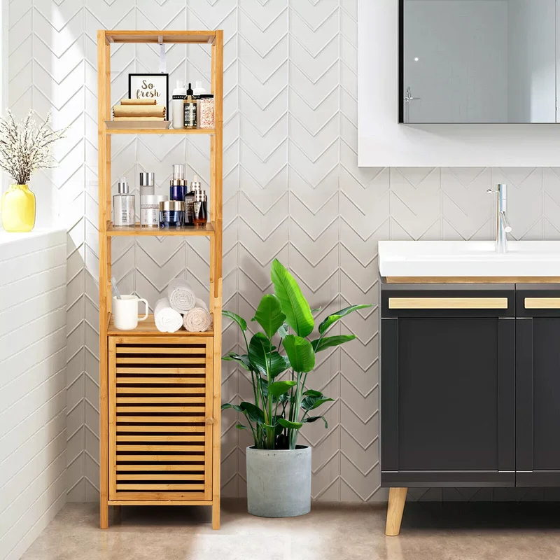 4-Tier Slim Bamboo Storage Cabinet, Shutter Door, Anti-Toppling Device, Natural