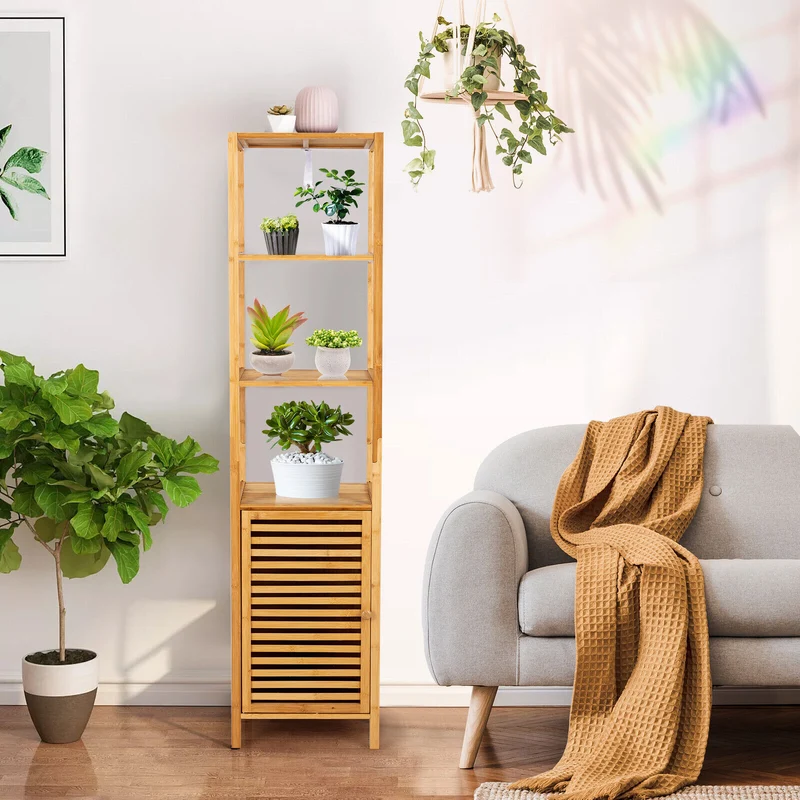 4-Tier Slim Bamboo Storage Cabinet, Shutter Door, Anti-Toppling Device, Natural