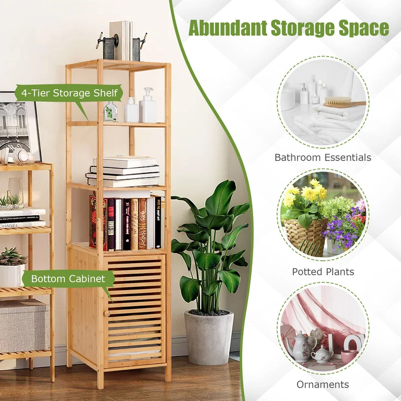 4-Tier Slim Bamboo Storage Cabinet, Shutter Door, Anti-Toppling Device, Natural