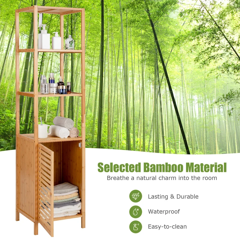 4-Tier Slim Bamboo Storage Cabinet, Shutter Door, Anti-Toppling Device, Natural