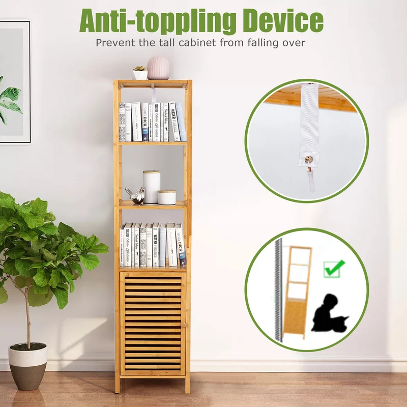 4-Tier Slim Bamboo Storage Cabinet, Shutter Door, Anti-Toppling Device, Natural