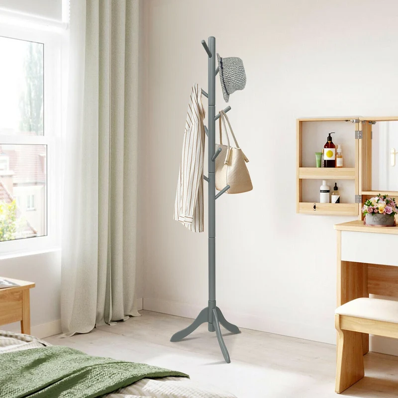 Adjustable Wooden Tree Coat Rack, 8 Hooks, Gray