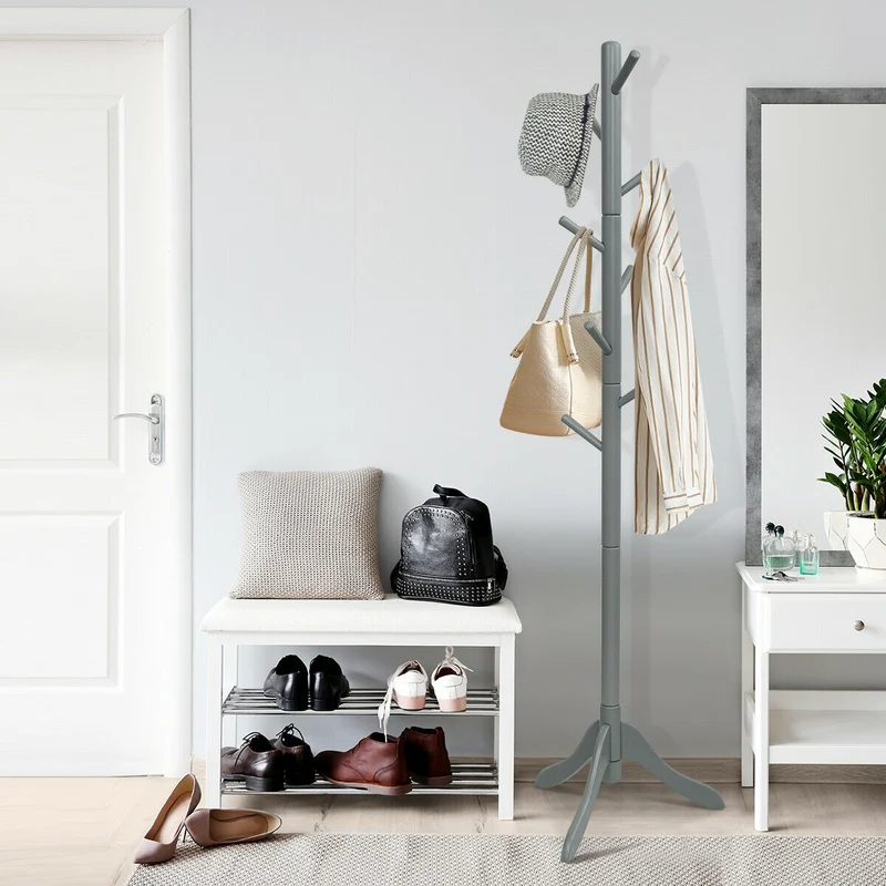 Adjustable Wooden Tree Coat Rack, 8 Hooks, Gray