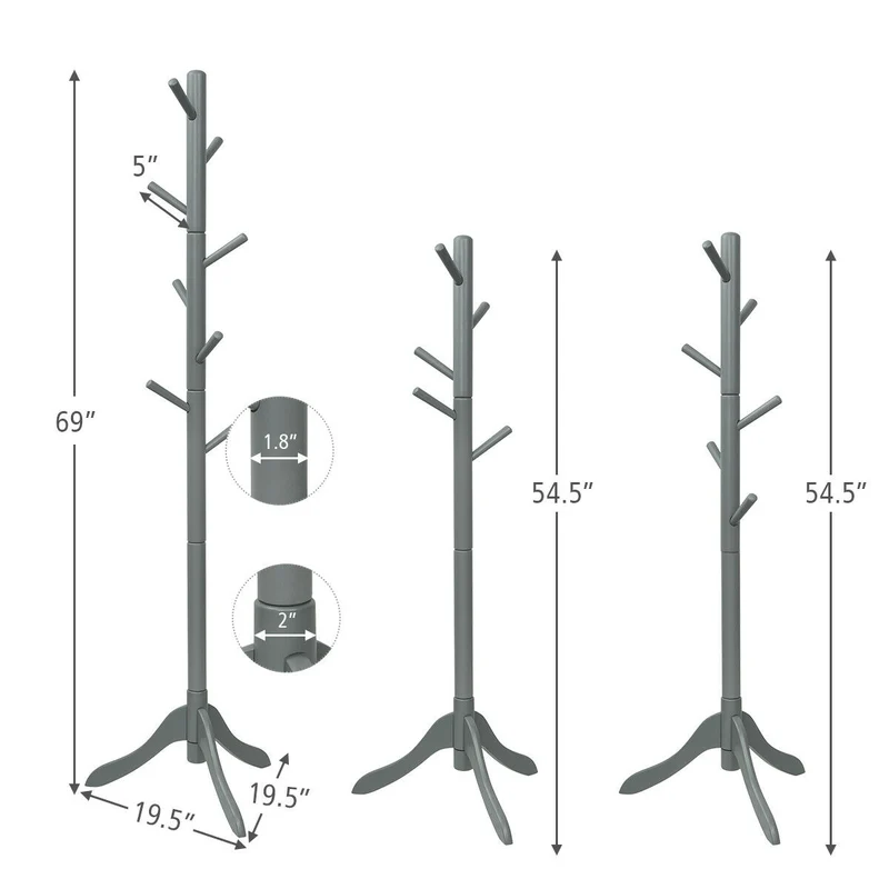 Adjustable Wooden Tree Coat Rack, 8 Hooks, Gray