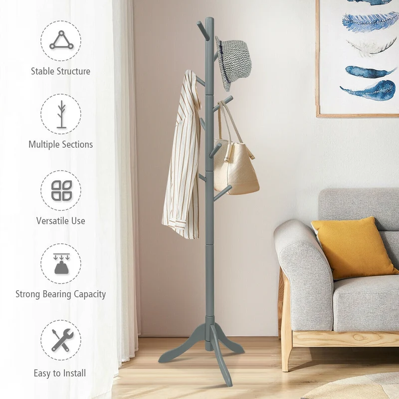 Adjustable Wooden Tree Coat Rack, 8 Hooks, Gray