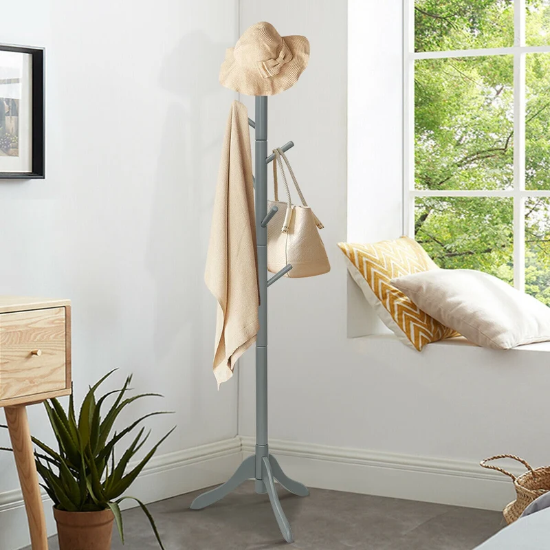 Adjustable Wooden Tree Coat Rack, 8 Hooks, Gray
