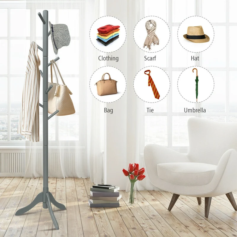 Adjustable Wooden Tree Coat Rack, 8 Hooks, Gray