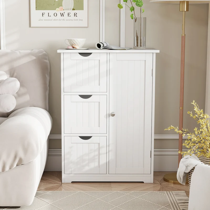 Bathroom Floor Cabinet, 3 Drawers, 1 Cupboard, White