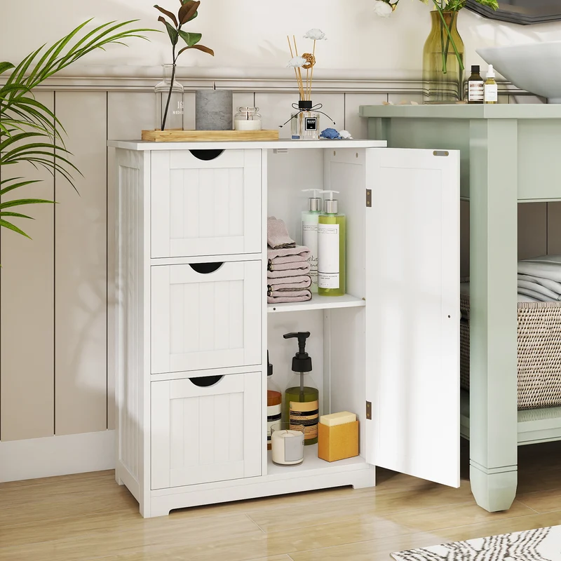Bathroom Floor Cabinet, 3 Drawers, 1 Cupboard, White