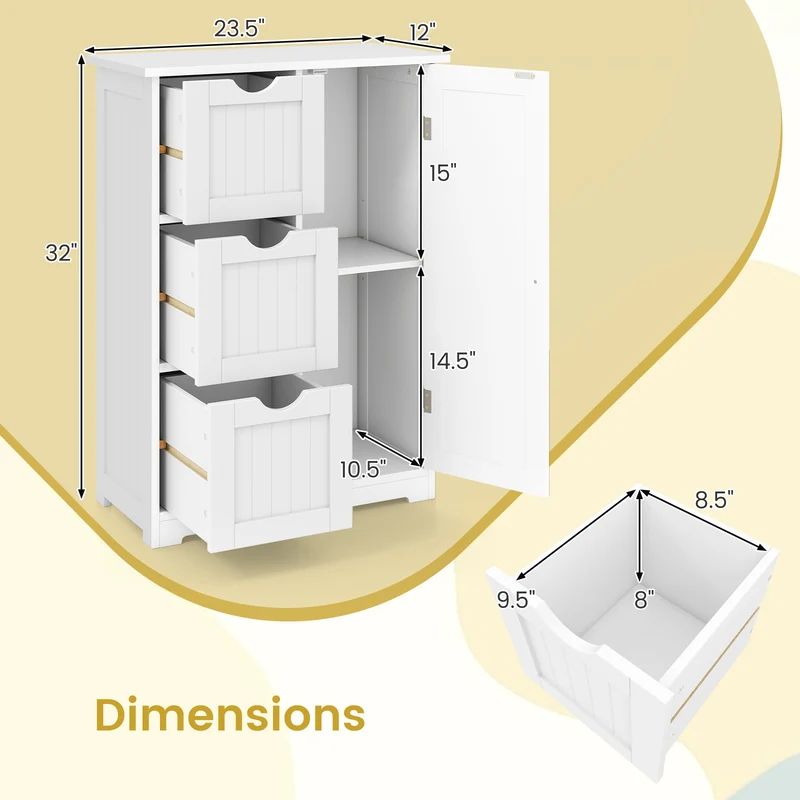Bathroom Floor Cabinet, 3 Drawers, 1 Cupboard, White