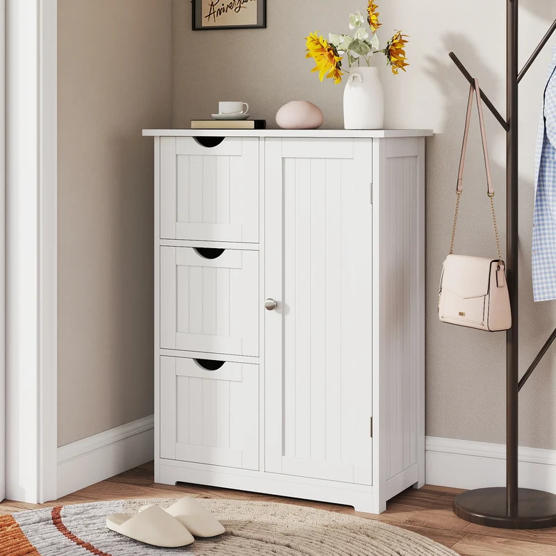 Bathroom Floor Cabinet, 3 Drawers, 1 Cupboard, White