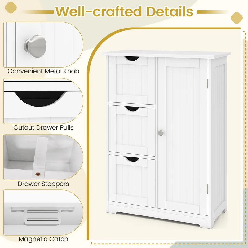 Bathroom Floor Cabinet, 3 Drawers, 1 Cupboard, White