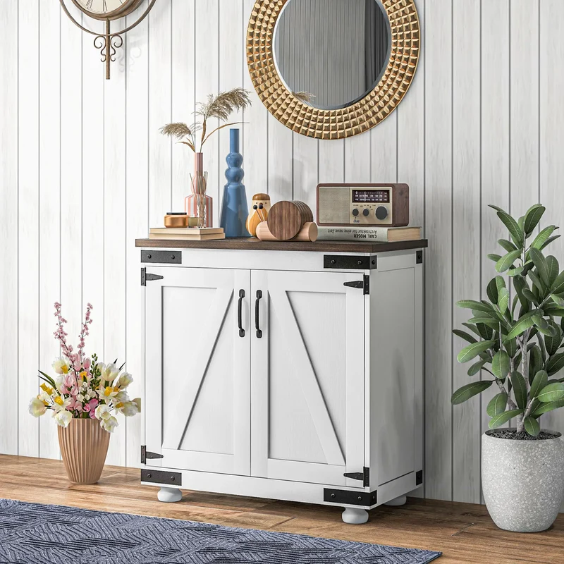 Sideboard Buffet, Kitchen Cabinet with Barn Door, Adjustable Shelves, White, Brown