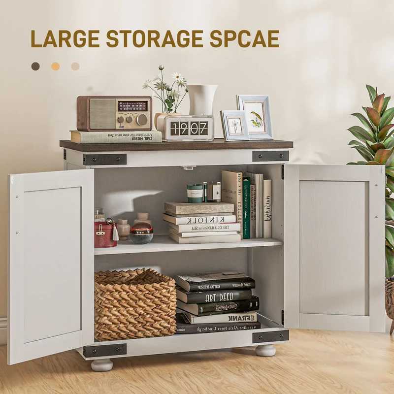 Sideboard Buffet, Kitchen Cabinet with Barn Door, Adjustable Shelves, White, Brown