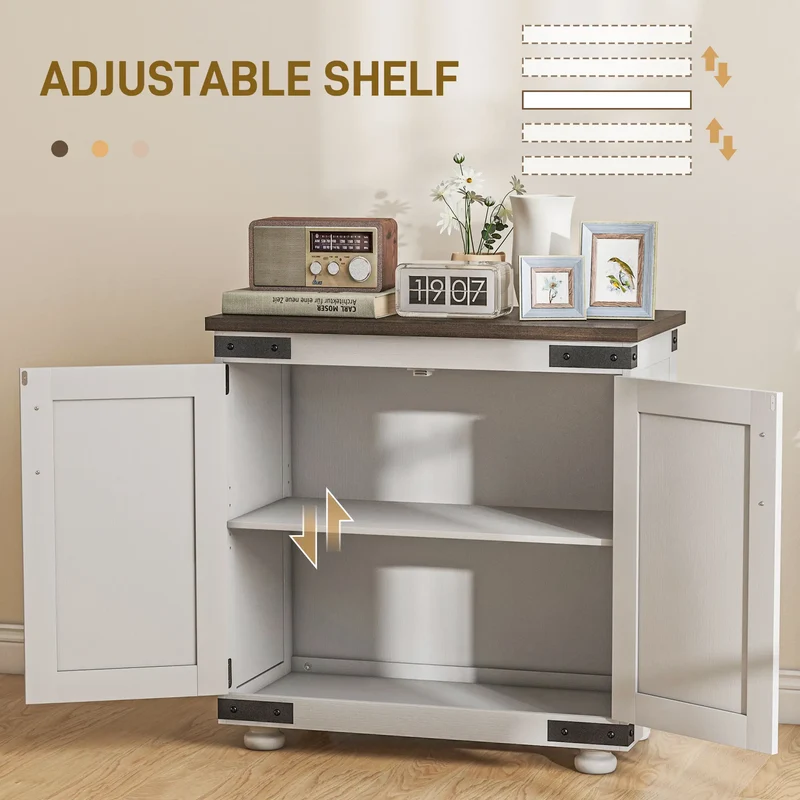 Sideboard Buffet, Kitchen Cabinet with Barn Door, Adjustable Shelves, White, Brown