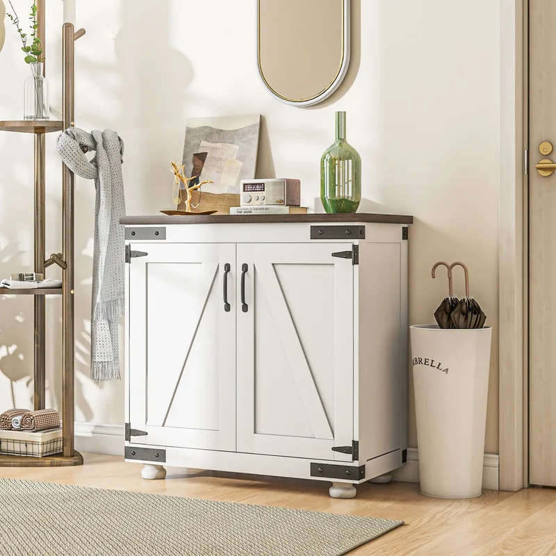 Sideboard Buffet, Kitchen Cabinet with Barn Door, Adjustable Shelves, White, Brown