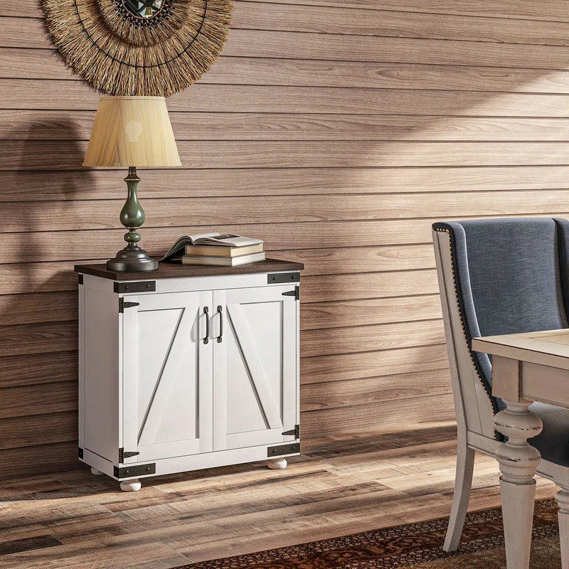 Sideboard Buffet, Kitchen Cabinet with Barn Door, Adjustable Shelves, White, Brown