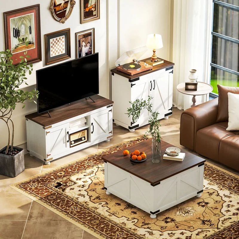 Sideboard Buffet, Kitchen Cabinet with Barn Door, Adjustable Shelves, White, Brown