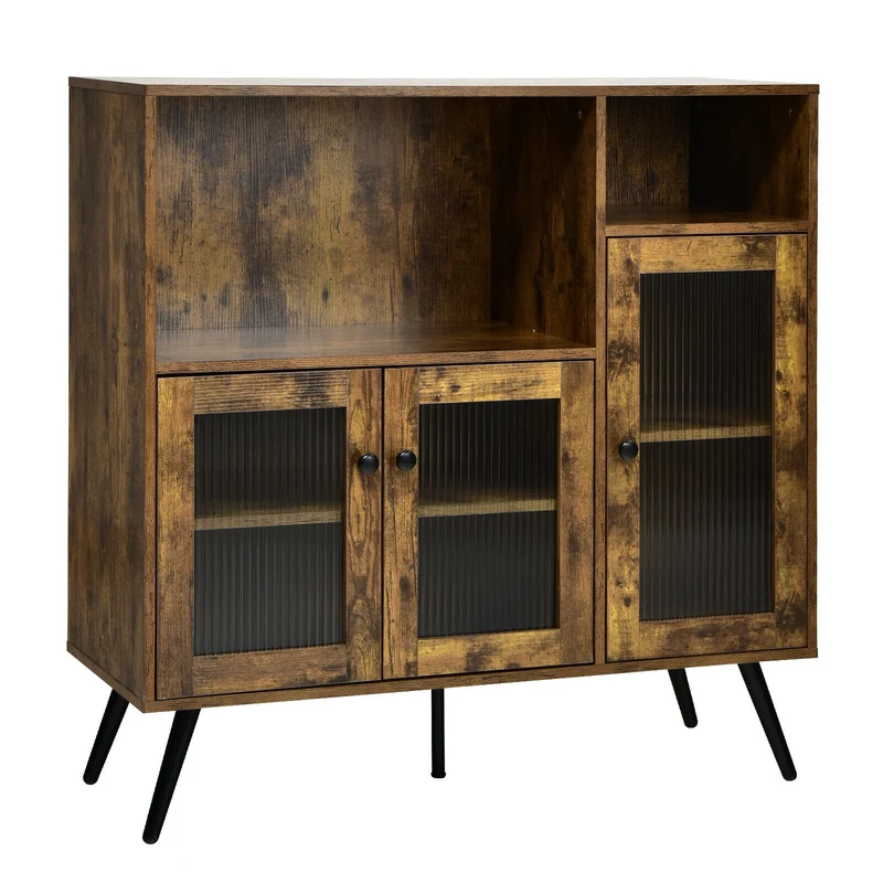 Buffet Kitchen Storage Cupboard, Glass Door, Adjustable Shelves, Rustic Brown